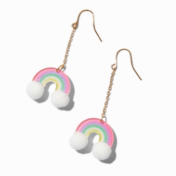 Claire's Other - Claire's Gold-tone Pink and White Pom Pom Rainbow Pierced Fish hook Earrings